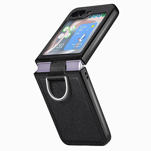 JUNSUNMAY Shockproof Case for Samsung Galaxy Z Flip5 5G Litchi Texture PU+Hard PC Phone Cover with Ring Holder - Black - 1