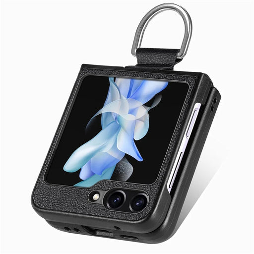 JUNSUNMAY Shockproof Case for Samsung Galaxy Z Flip5 5G Litchi Texture PU+Hard PC Phone Cover with Ring Holder - Black - 2
