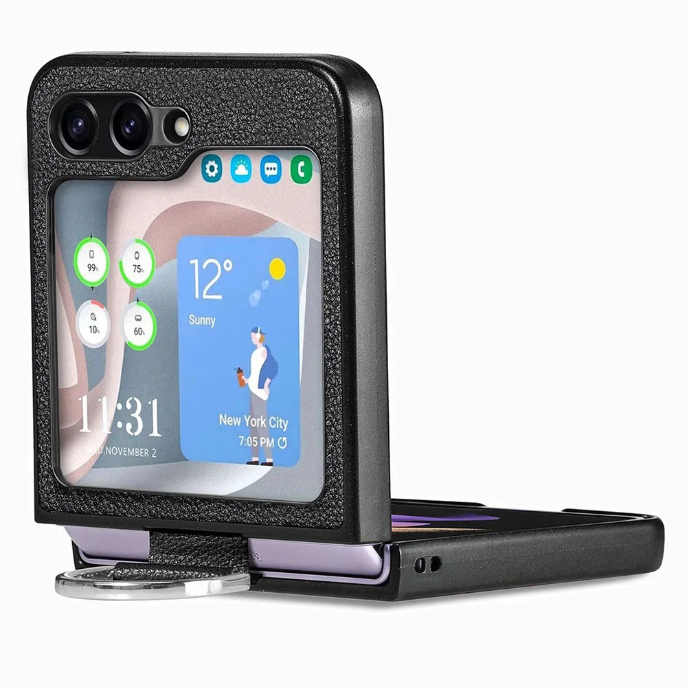 JUNSUNMAY Shockproof Case for Samsung Galaxy Z Flip5 5G Litchi Texture PU+Hard PC Phone Cover with Ring Holder - Black - 3