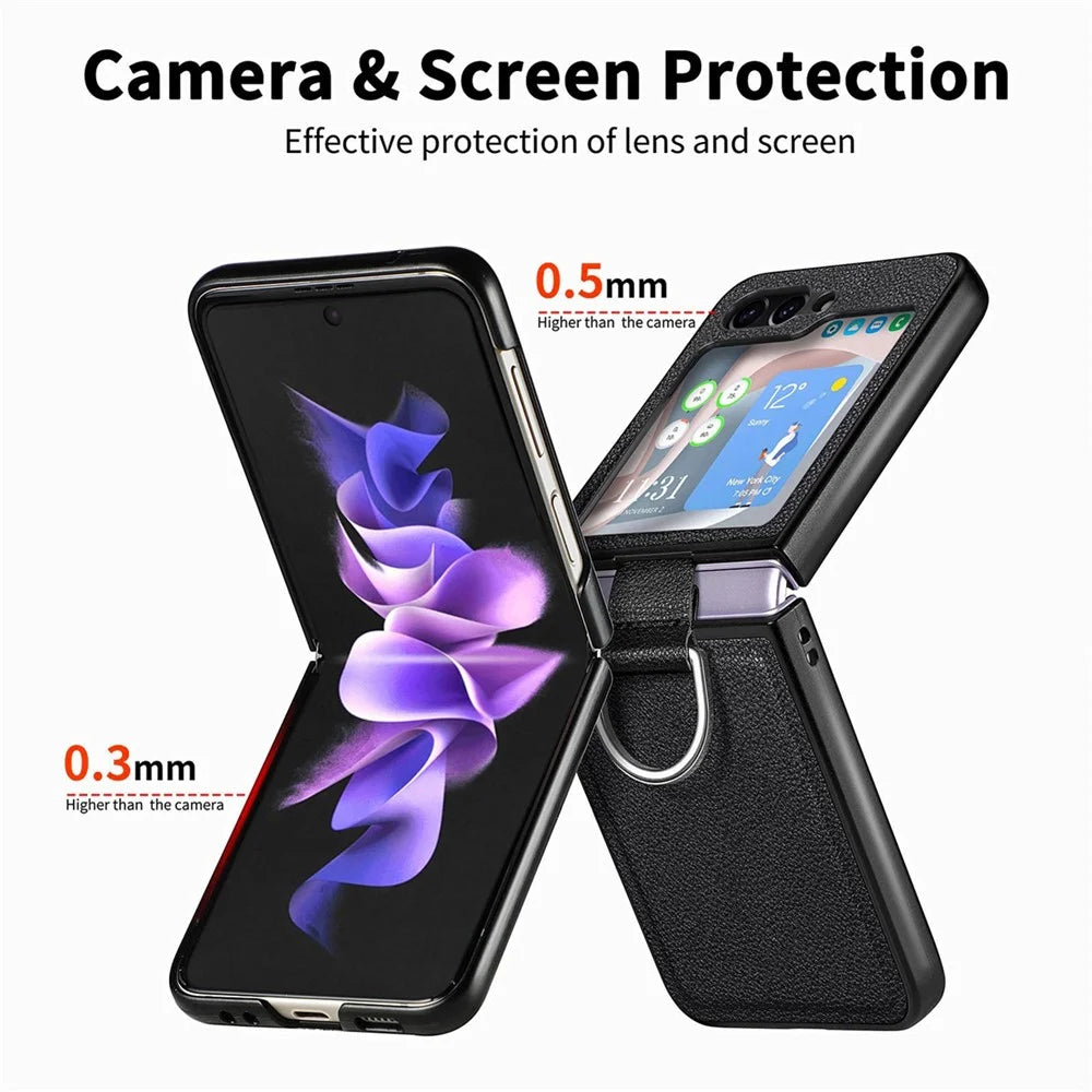 JUNSUNMAY Shockproof Case for Samsung Galaxy Z Flip5 5G Litchi Texture PU+Hard PC Phone Cover with Ring Holder - Black - 5