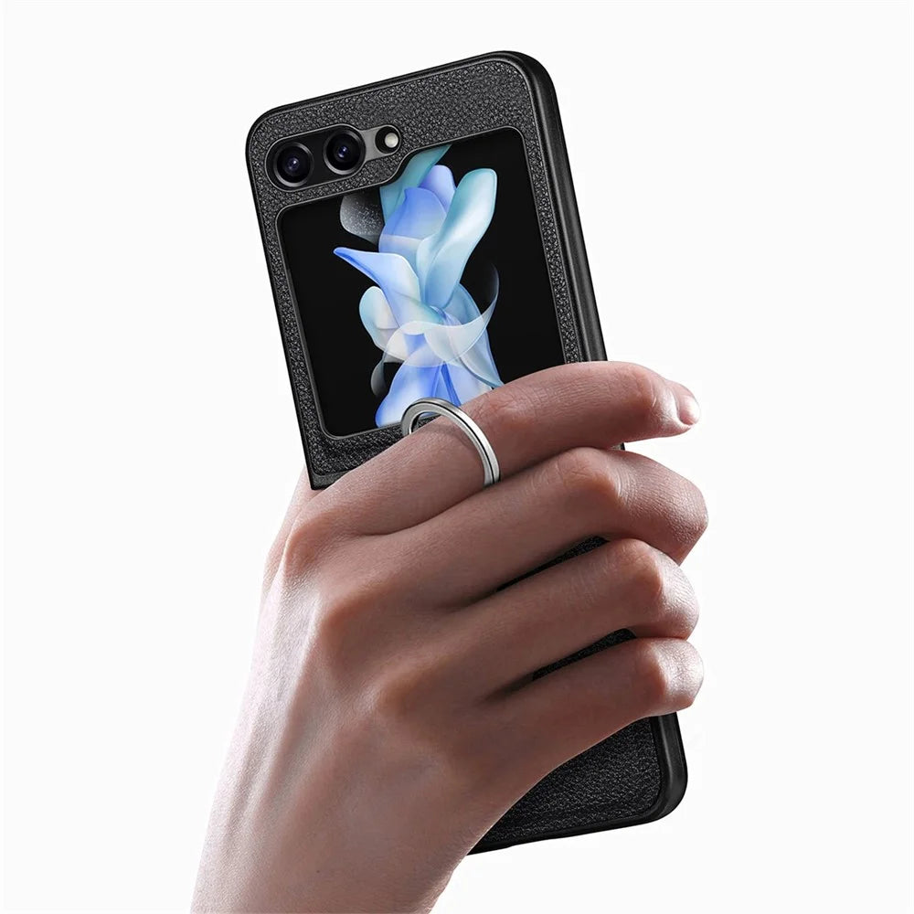 JUNSUNMAY Shockproof Case for Samsung Galaxy Z Flip5 5G Litchi Texture PU+Hard PC Phone Cover with Ring Holder - Black - 7