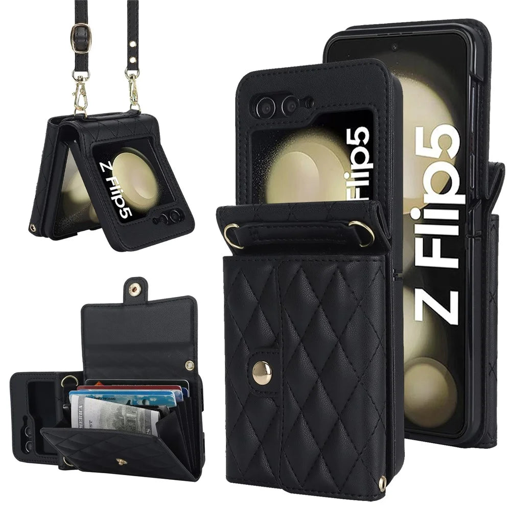 ZD 03 Phone Case for Samsung Galaxy Z Flip5 5G PU Leather + PC RFID Blocking Wallet Cover with Strap - Black - 1