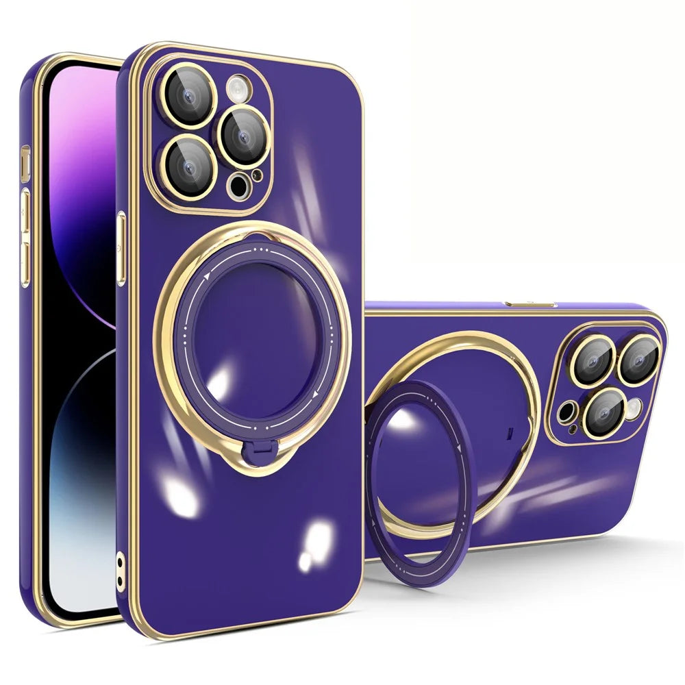 For iPhone 15 Pro Electroplating Phone Case Soft TPU Kickstand Protective Cover with Lens Protector - Dark Purple - 1