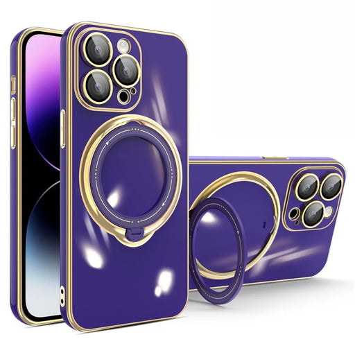 For iPhone 15 Pro Electroplating Phone Case Soft TPU Kickstand Protective Cover with Lens Protector - Dark Purple - 1