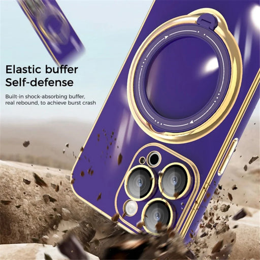 For iPhone 15 Pro Electroplating Phone Case Soft TPU Kickstand Protective Cover with Lens Protector - Dark Purple - 2