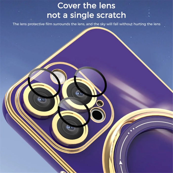 For iPhone 15 Pro Electroplating Phone Case Soft TPU Kickstand Protective Cover with Lens Protector - Dark Purple - 3