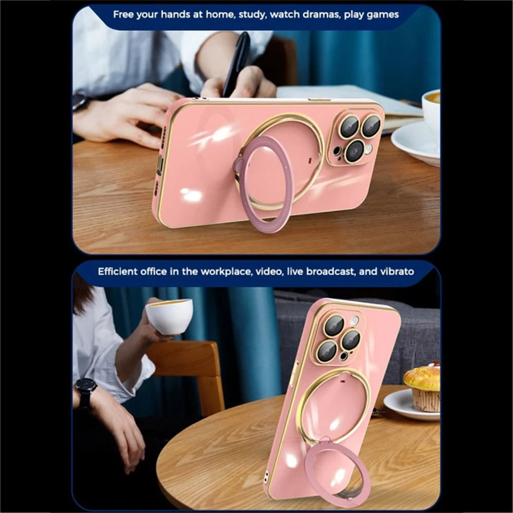 For iPhone 15 Pro Max Electroplating Soft TPU Case Rotary Kickstand Phone Cover with Lens Protector - Dark Purple - 7