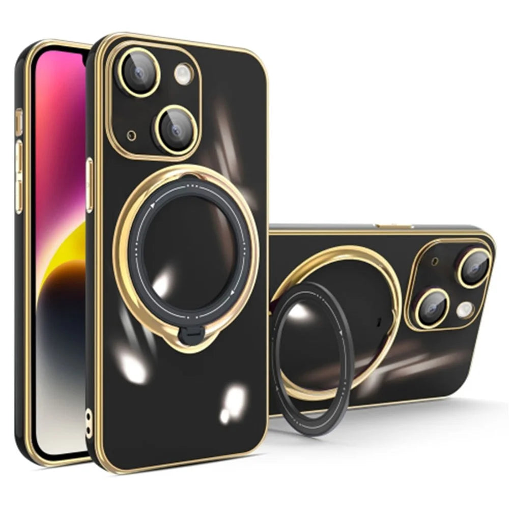 For iPhone 15 Plus TPU Phone Case Electroplating Kickstand Shockproof Protective Cover with Lens Film - Black - 1