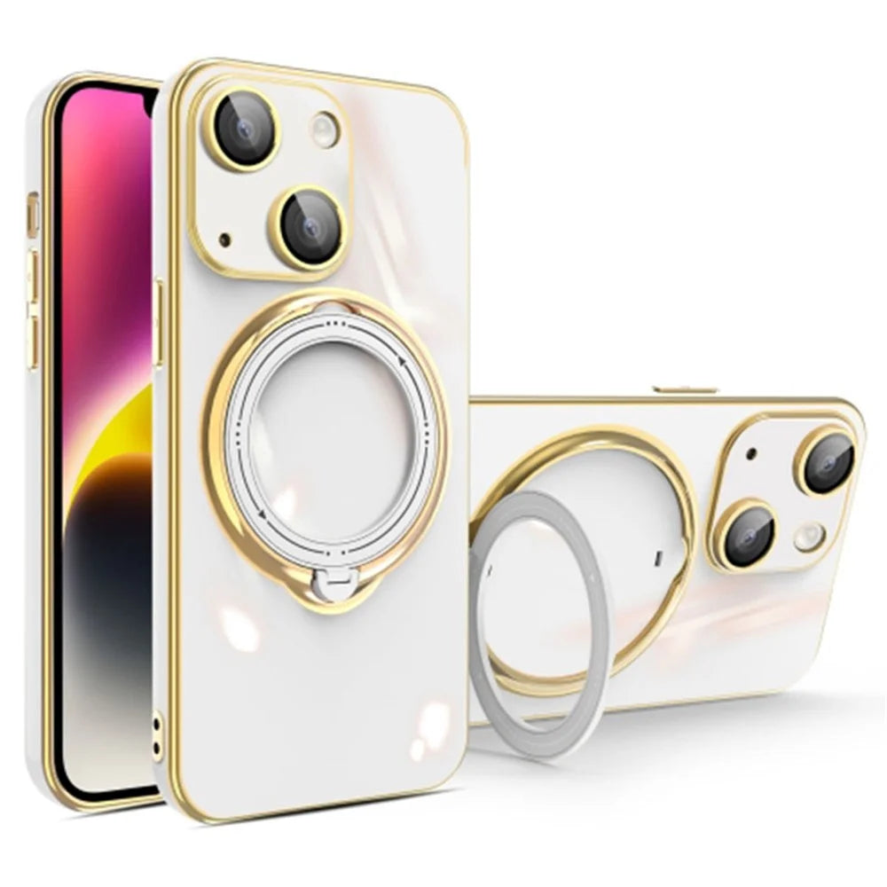 For iPhone 14 TPU Cell Phone Case Rotary Kickstand Electroplating Cover with Lens Protector - White - 1