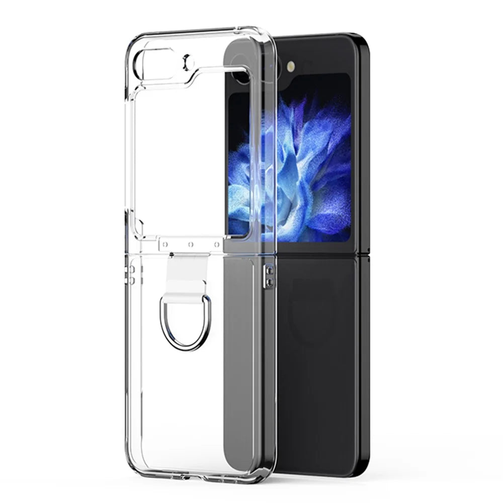For Samsung Galaxy Z Flip5 5G Hard PC Phone Case Transparent Phone Cover with Metal Ring Holder - 1