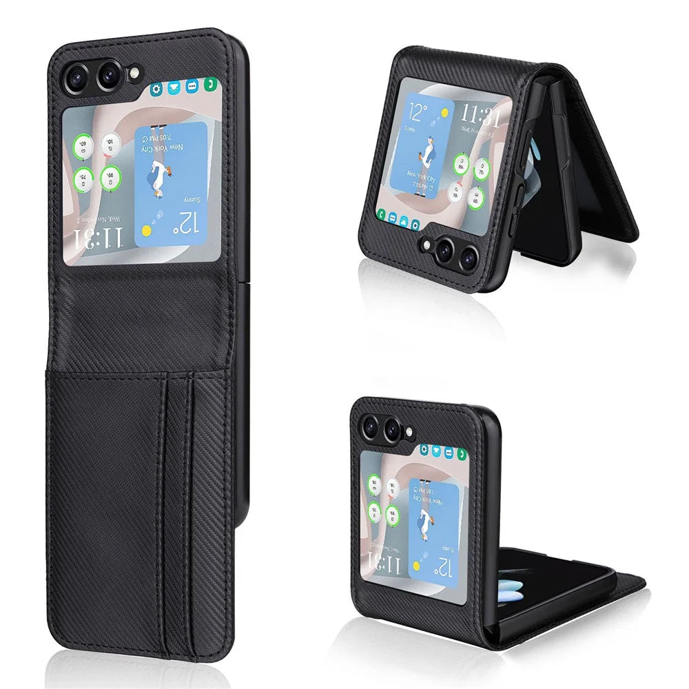 For Samsung Galaxy Z Flip5 5G Card Holder Phone Case Carbon Fiber Texture PU Leather Phone Cover - Black - 1