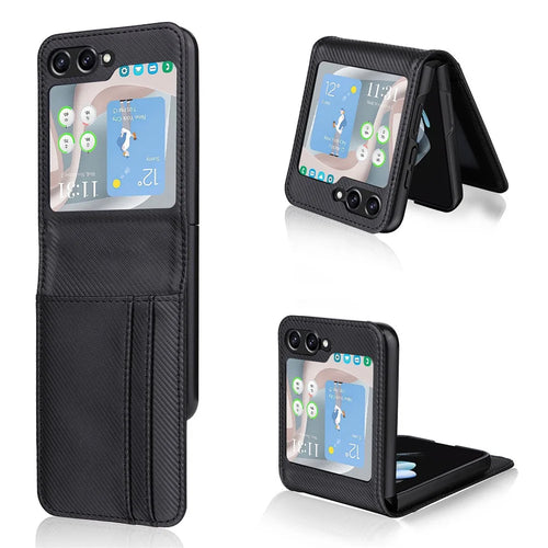 For Samsung Galaxy Z Flip5 5G Card Holder Phone Case Carbon Fiber Texture PU Leather Phone Cover - Black - 1
