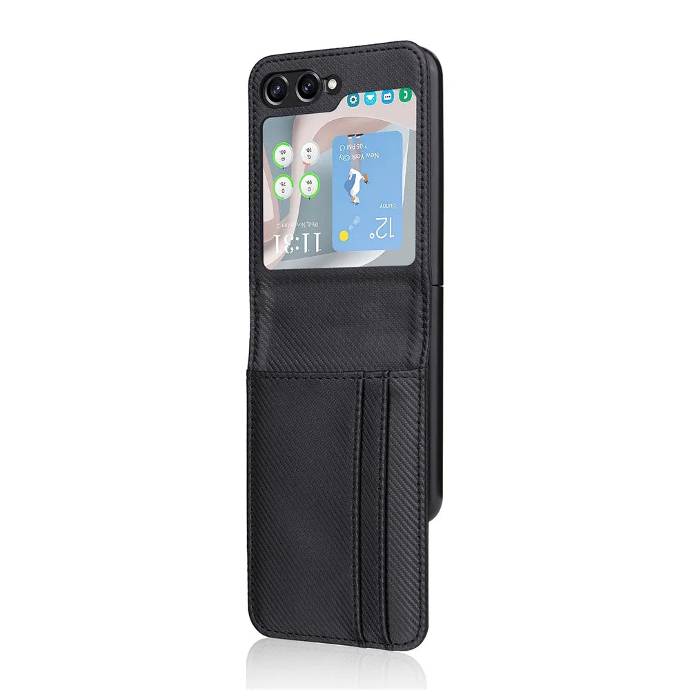 For Samsung Galaxy Z Flip5 5G Card Holder Phone Case Carbon Fiber Texture PU Leather Phone Cover - Black - 2
