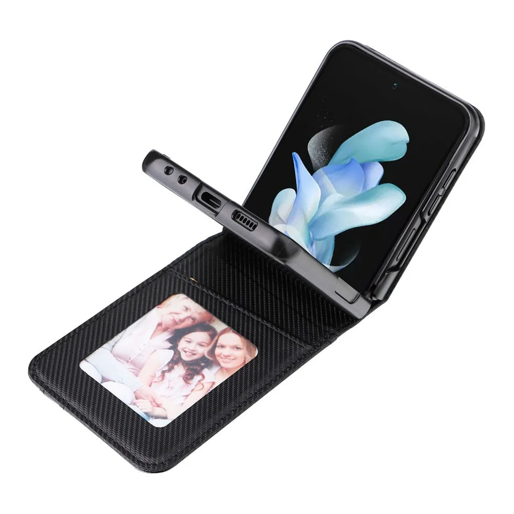 For Samsung Galaxy Z Flip5 5G Card Holder Phone Case Carbon Fiber Texture PU Leather Phone Cover - Black - 3