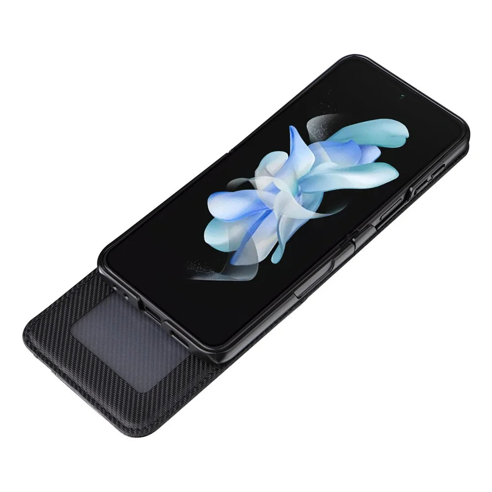 For Samsung Galaxy Z Flip5 5G Card Holder Phone Case Carbon Fiber Texture PU Leather Phone Cover - Black - 4