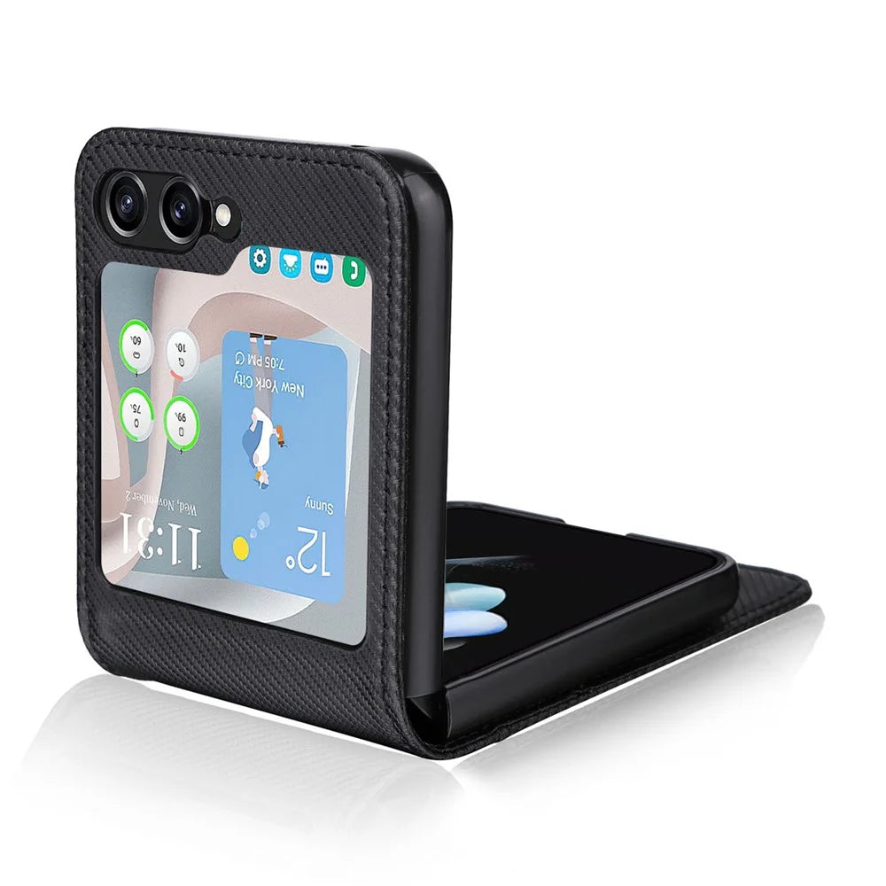 For Samsung Galaxy Z Flip5 5G Card Holder Phone Case Carbon Fiber Texture PU Leather Phone Cover - Black - 5