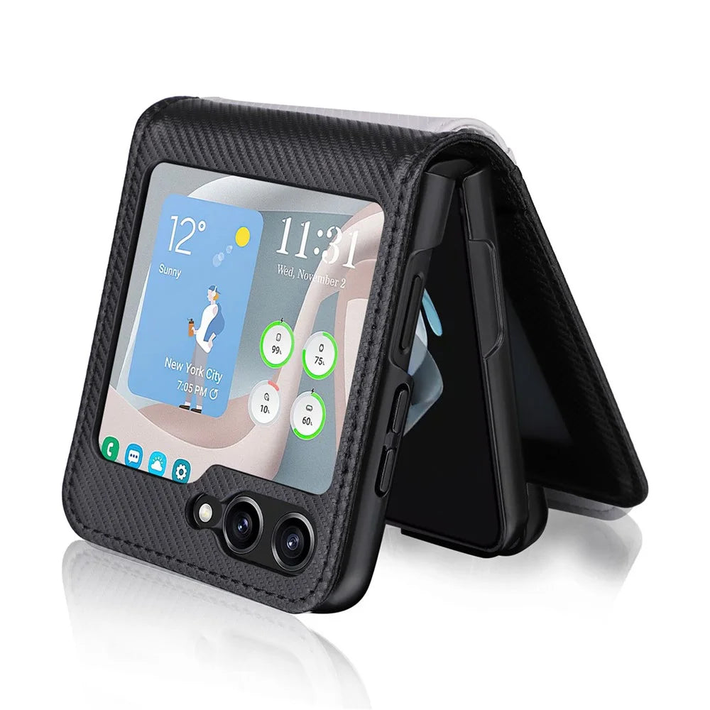 For Samsung Galaxy Z Flip5 5G Card Holder Phone Case Carbon Fiber Texture PU Leather Phone Cover - Black - 6