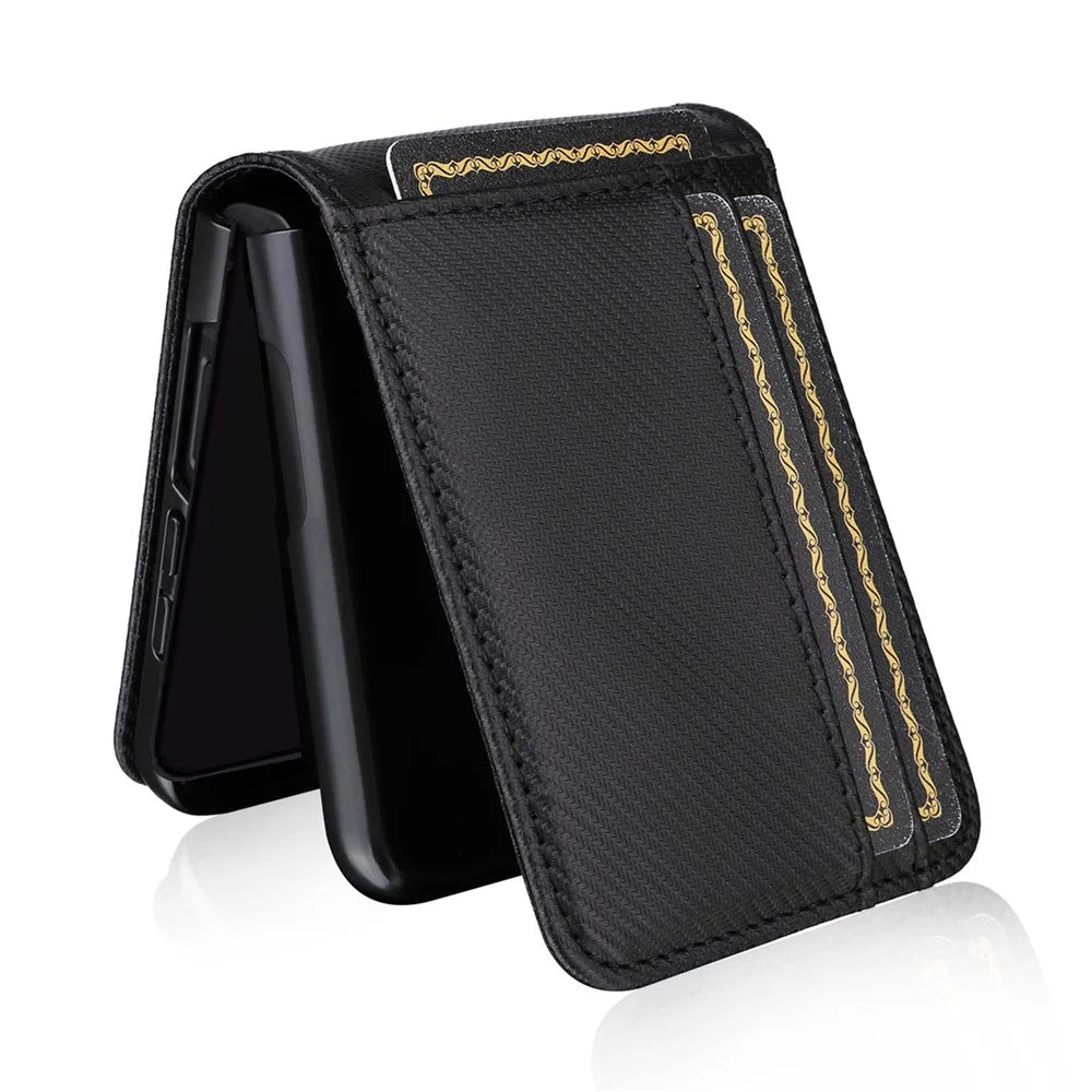 For Samsung Galaxy Z Flip5 5G Card Holder Phone Case Carbon Fiber Texture PU Leather Phone Cover - Black - 7