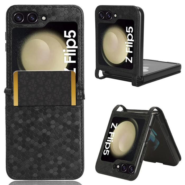 For Samsung Galaxy Z Flip5 5G PU Leather Phone Case with Card Holder Imprinted Dot Pattern Phone Cover - Black - 1