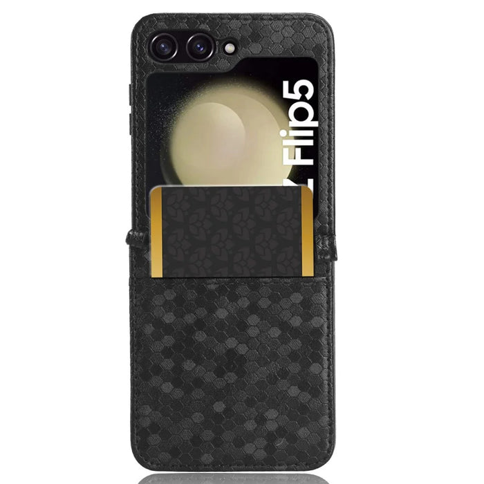 For Samsung Galaxy Z Flip5 5G PU Leather Phone Case with Card Holder Imprinted Dot Pattern Phone Cover - Black - 2