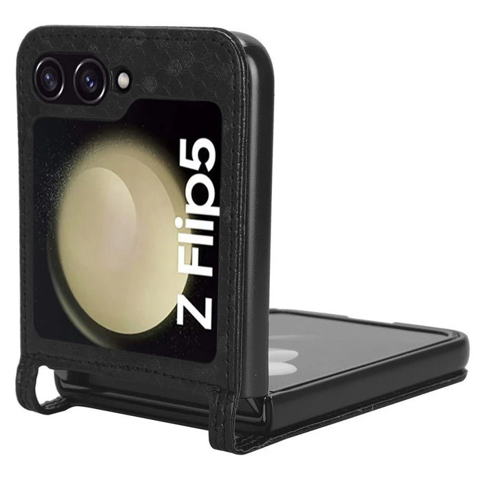 For Samsung Galaxy Z Flip5 5G PU Leather Phone Case with Card Holder Imprinted Dot Pattern Phone Cover - Black - 3