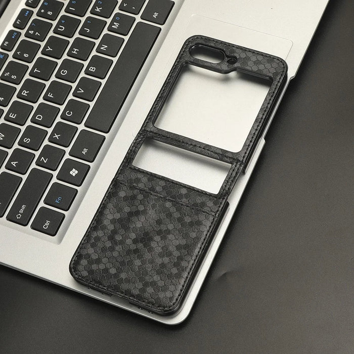 For Samsung Galaxy Z Flip5 5G PU Leather Phone Case with Card Holder Imprinted Dot Pattern Phone Cover - Black - 7