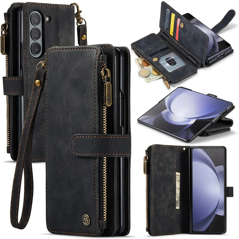 For Samsung Galaxy Z Fold5 5G Phone Cases with Strap CASEME C30 Zipper Multiple Card Holder PU Leather Cover - Black - 1