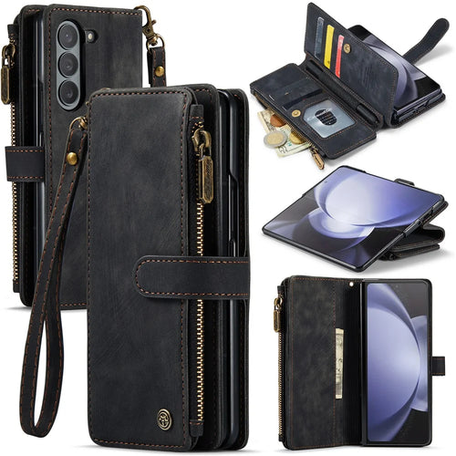 For Samsung Galaxy Z Fold5 5G Phone Cases with Strap CASEME C30 Zipper Multiple Card Holder PU Leather Cover - Black - 1