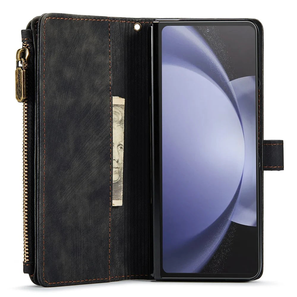 For Samsung Galaxy Z Fold5 5G Phone Cases with Strap CASEME C30 Zipper Multiple Card Holder PU Leather Cover - Black - 2