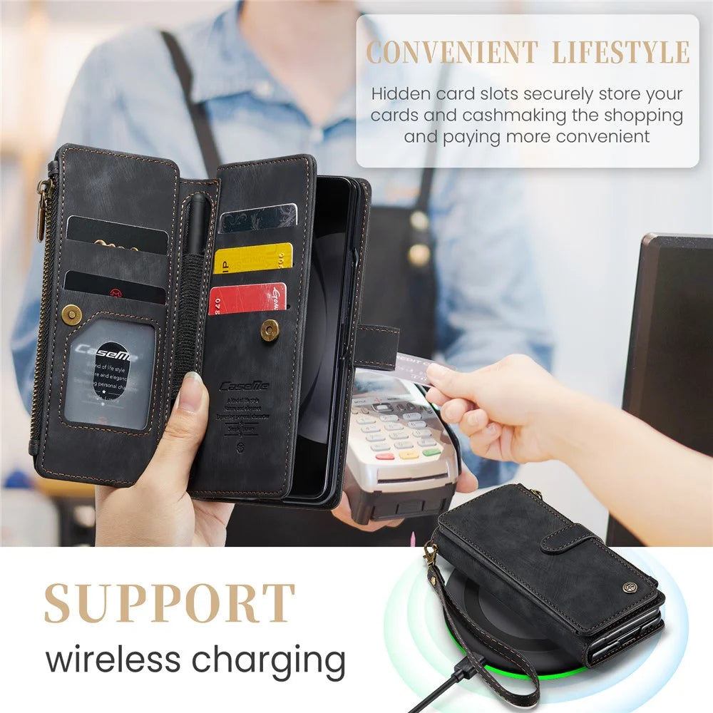 For Samsung Galaxy Z Fold5 5G Phone Cases with Strap CASEME C30 Zipper Multiple Card Holder PU Leather Cover - Black - 5