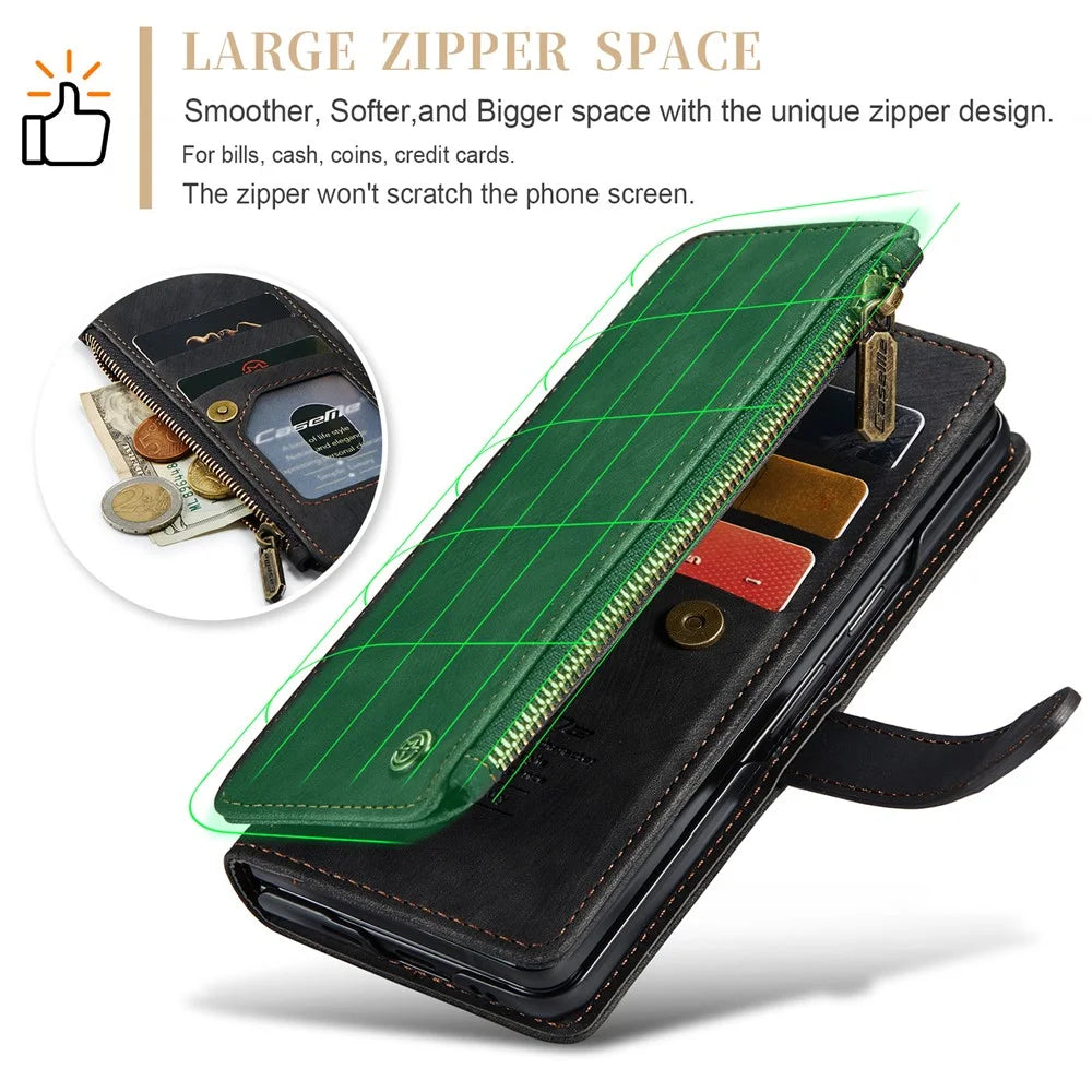 For Samsung Galaxy Z Fold5 5G Phone Cases with Strap CASEME C30 Zipper Multiple Card Holder PU Leather Cover - Black - 6