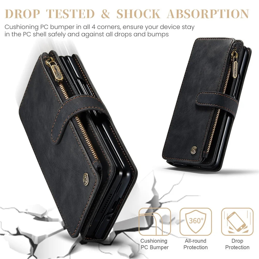 For Samsung Galaxy Z Fold5 5G Phone Cases with Strap CASEME C30 Zipper Multiple Card Holder PU Leather Cover - Black - 7