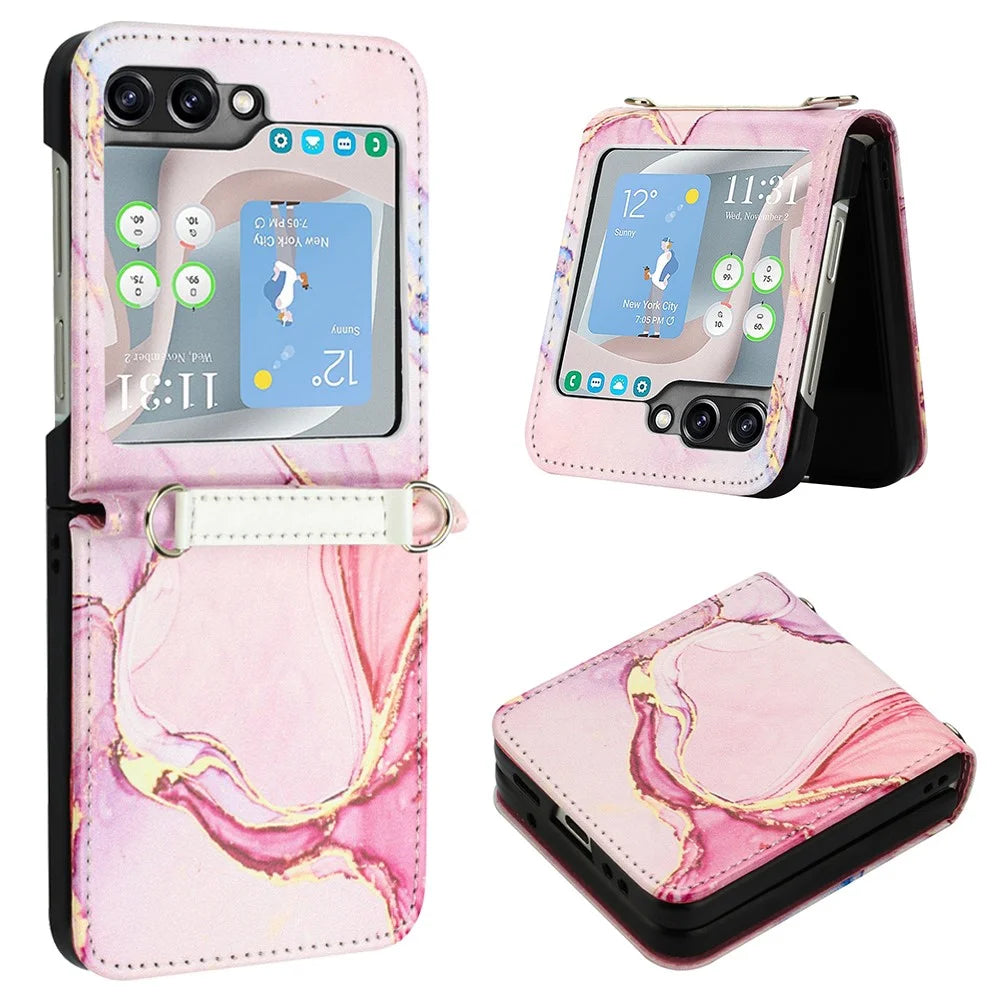 YB Pattern Printing Leather Series-5 for Samsung Galaxy Z Flip5 5G Phone Case Marble Pattern PU Leather Cover - Rose Gold LS005 - 1