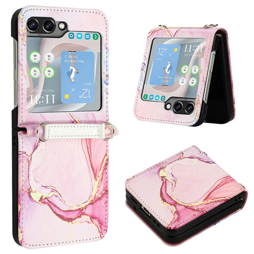 YB Pattern Printing Leather Series-5 for Samsung Galaxy Z Flip5 5G Phone Case Marble Pattern PU Leather Cover - Rose Gold LS005 - 1