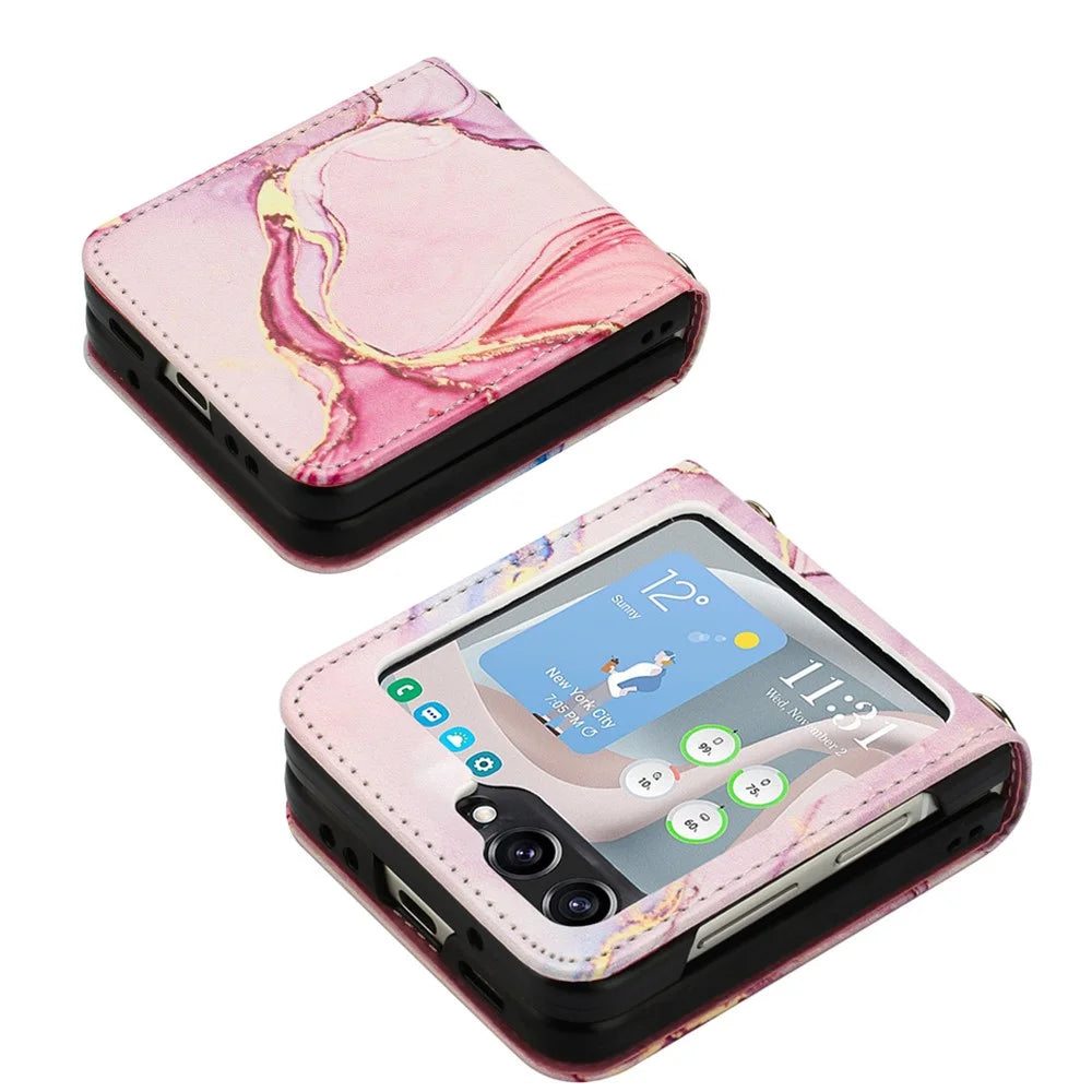 YB Pattern Printing Leather Series-5 for Samsung Galaxy Z Flip5 5G Phone Case Marble Pattern PU Leather Cover - Rose Gold LS005 - 3
