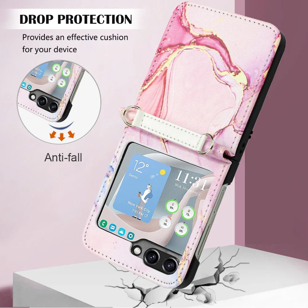 YB Pattern Printing Leather Series-5 for Samsung Galaxy Z Flip5 5G Phone Case Marble Pattern PU Leather Cover - Rose Gold LS005 - 4