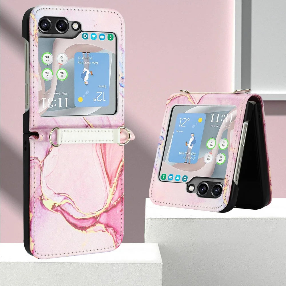 YB Pattern Printing Leather Series-5 for Samsung Galaxy Z Flip5 5G Phone Case Marble Pattern PU Leather Cover - Rose Gold LS005 - 5