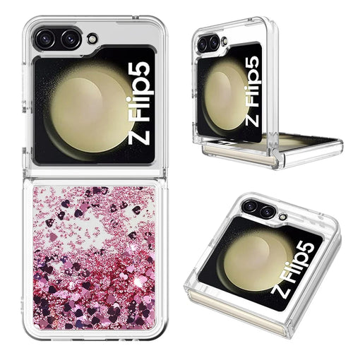 For Samsung Galaxy Z Flip5 5G TPU Case Glitter Quicksand Shockproof Phone Back Cover - Rose Gold / Hearts - 1