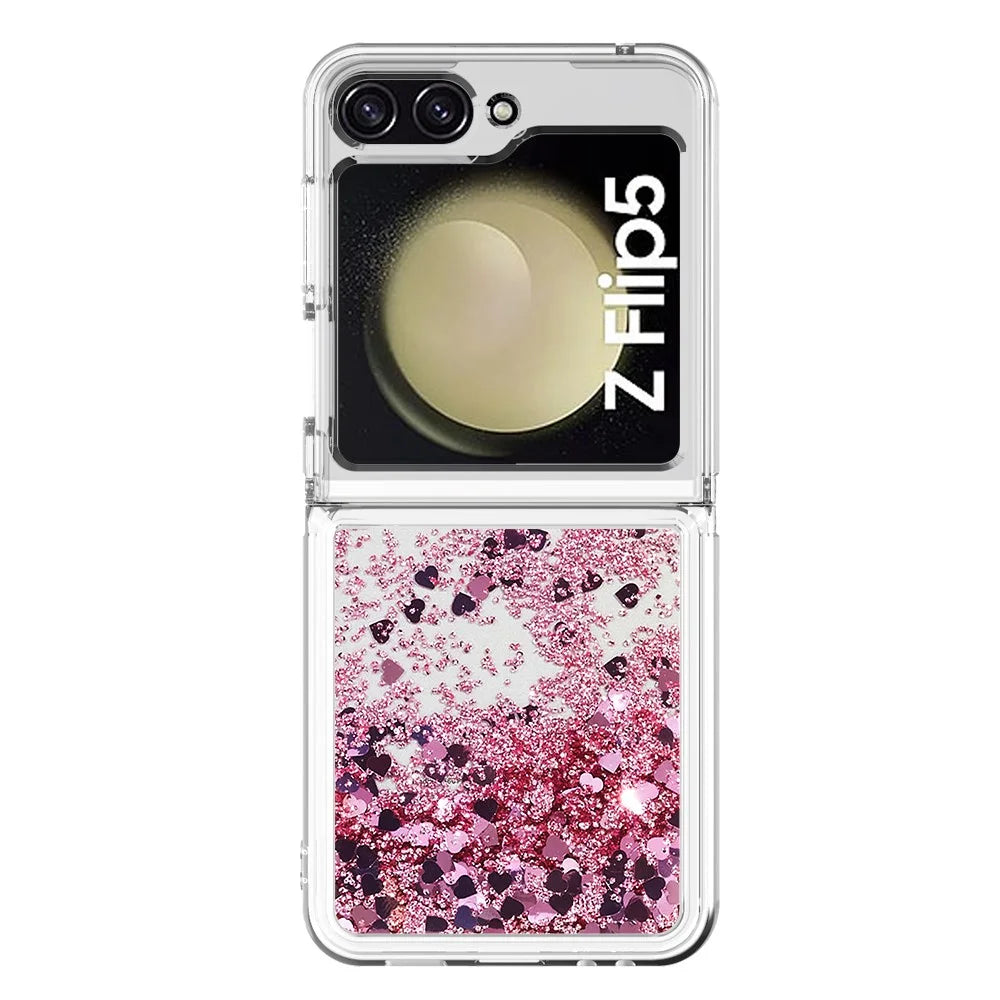 For Samsung Galaxy Z Flip5 5G TPU Case Glitter Quicksand Shockproof Phone Back Cover - Rose Gold / Hearts - 2
