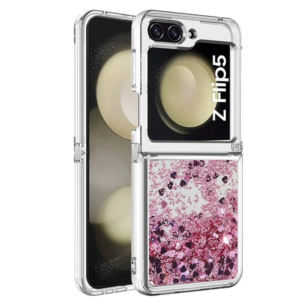 For Samsung Galaxy Z Flip5 5G TPU Case Glitter Quicksand Shockproof Phone Back Cover - Rose Gold / Hearts - 3