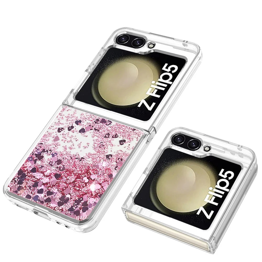 For Samsung Galaxy Z Flip5 5G TPU Case Glitter Quicksand Shockproof Phone Back Cover - Rose Gold / Hearts - 4