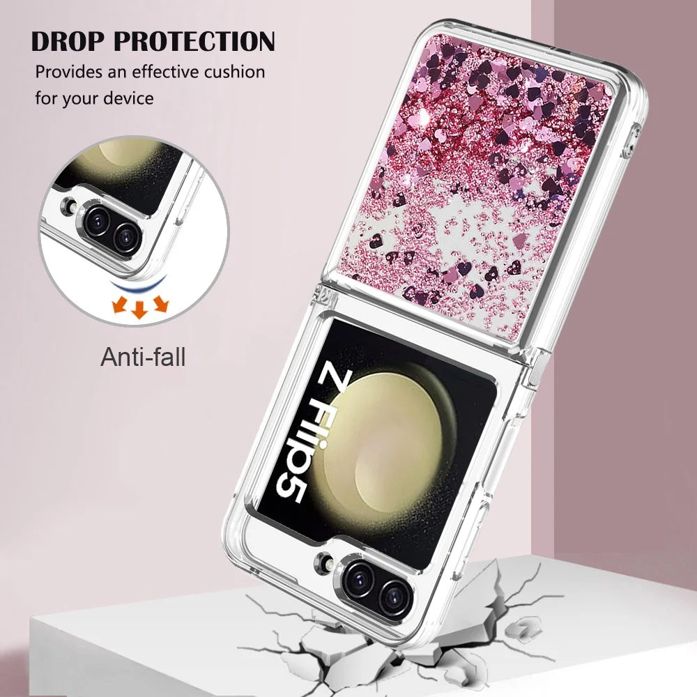 For Samsung Galaxy Z Flip5 5G TPU Case Glitter Quicksand Shockproof Phone Back Cover - Rose Gold / Hearts - 5