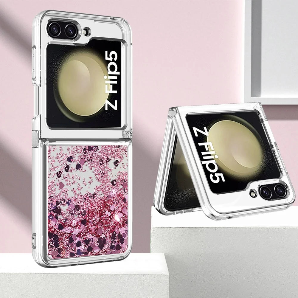 For Samsung Galaxy Z Flip5 5G TPU Case Glitter Quicksand Shockproof Phone Back Cover - Rose Gold / Hearts - 6