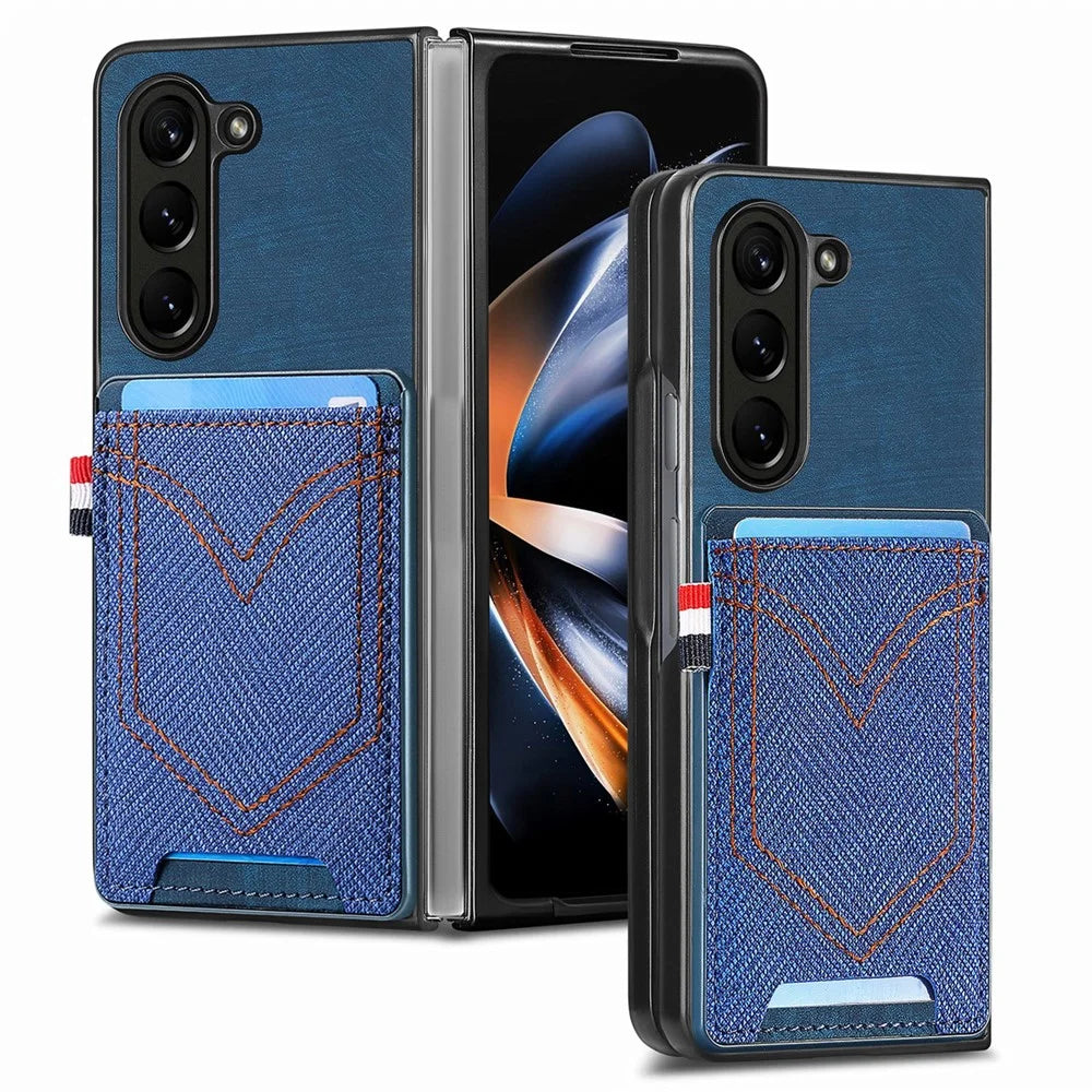 JUNSUNMAY For Samsung Galaxy Z Fold5 5G Card Holder Phone Case Jeans Cloth Texture PU+PC Phone Cover - Blue - 1