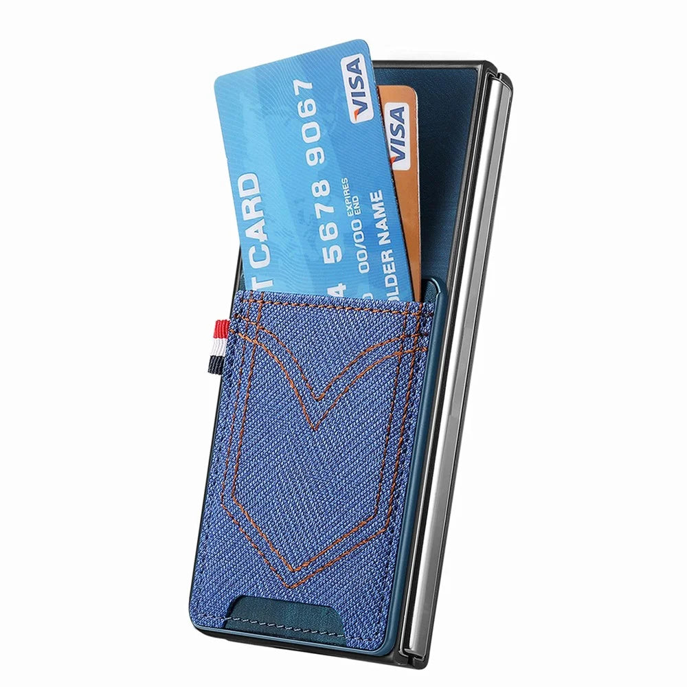 JUNSUNMAY For Samsung Galaxy Z Fold5 5G Card Holder Phone Case Jeans Cloth Texture PU+PC Phone Cover - Blue - 2