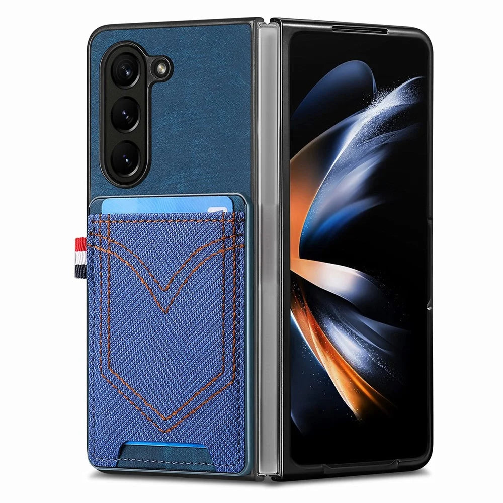 JUNSUNMAY For Samsung Galaxy Z Fold5 5G Card Holder Phone Case Jeans Cloth Texture PU+PC Phone Cover - Blue - 3