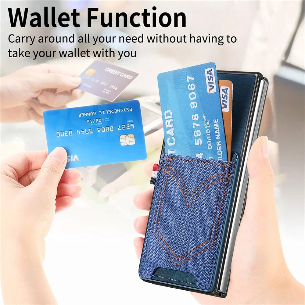 JUNSUNMAY For Samsung Galaxy Z Fold5 5G Card Holder Phone Case Jeans Cloth Texture PU+PC Phone Cover - Blue - 4