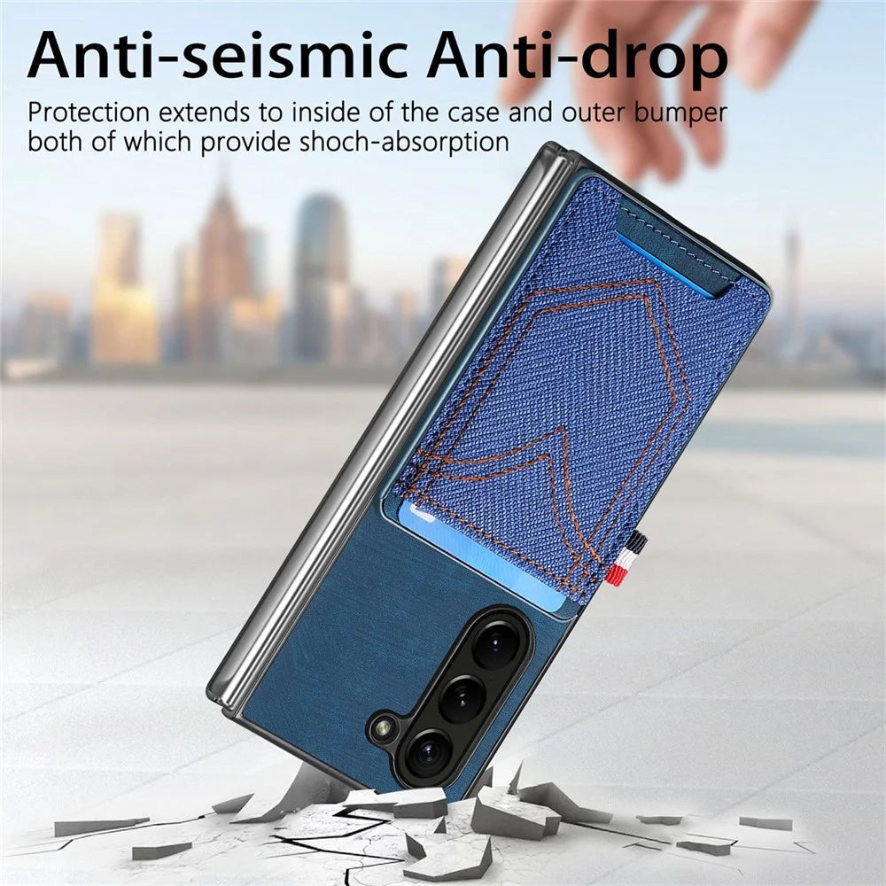 JUNSUNMAY For Samsung Galaxy Z Fold5 5G Card Holder Phone Case Jeans Cloth Texture PU+PC Phone Cover - Blue - 5