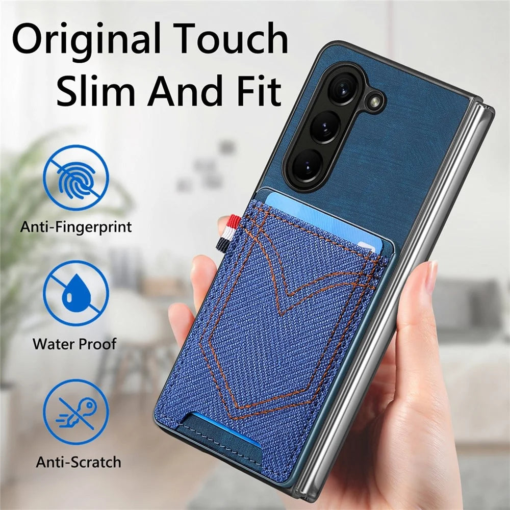 JUNSUNMAY For Samsung Galaxy Z Fold5 5G Card Holder Phone Case Jeans Cloth Texture PU+PC Phone Cover - Blue - 6