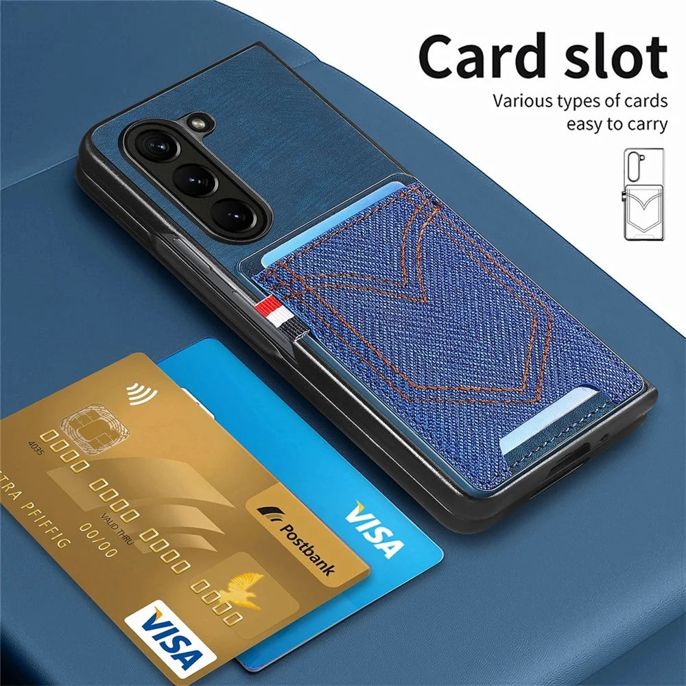 JUNSUNMAY For Samsung Galaxy Z Fold5 5G Card Holder Phone Case Jeans Cloth Texture PU+PC Phone Cover - Blue - 7